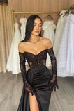 CLASSY LONG BLACK OFF-THE-SHOULDER LACE MERMAID LONG SLEEVES EVENING PARTY GOWNS LONG SLIT HZ1024