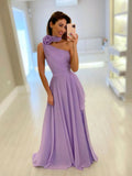 Simple purple one shoulder chiffon long prom dress, purple evening dress HZ1024