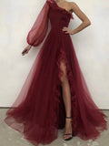 Simple burgundy one shoulder long prom dress, burgundy evening dress HZ1024