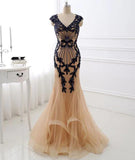 Champagne v neck lace applique mermaid long prom dress HZ1024