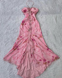 Vintage Pink Floral Prom Dress Sheath Ruffled Evening Dress Halter-neck Formal Dress HZ1024