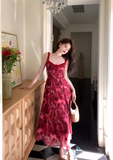 Stylish Red Rose Floral Design Elegant Casual Spaghetti Strap Dress HZ1024