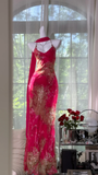Vintage Red Floral Long Prom Dress Sheath Chiffon Spaghetti Strap Backless Formal Dress HZ1024
