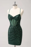 Vintage Dark Green Sequined Design A-line Spaghetti Strap Homecoming Dress HZ1024