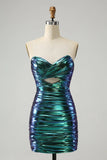 New Fashion Sparkly Teal Blue Ruched Design A-line Bodycon Strapless Short Homecoming Dress HZ1024