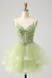 Vintage Light Green Appliques Design A-line Tulle Corset Tiered Spaghetti Strap Homecoming Dress HZ1024