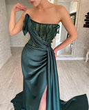 CLASSY LONG DARK GREEN SLEEVELESS BEADING EVENING PARTY GOWNS LONG SLIT HZ1024