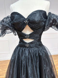 Black A-Line Off Shoulder Tulle Long Prom Dress, Black Formal Evening Dress HZ1024