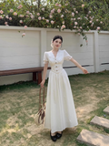 Simple Fashion White V-neck Design Elegant A-line Short-sleeved Dress HZ1024