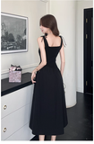 Simple Fashion Black Sleeveless Waist-cinching Design A-line Vest Dress HZ1024