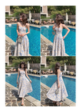 Design Sense Blue Painting Long Dress Holiday Beach Floral Spaghetti Strap Dress HZ1024