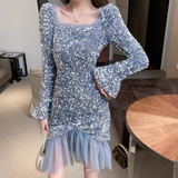 Vintage Elegant Sequins Design A-Line Square Neckline Mermaid Long-sleeved Dress HZ1024