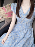 Vintage Light Blue Floral Prom Dress A-Line Short-sleeve Evening Dress Long Summer Dress HZ1024