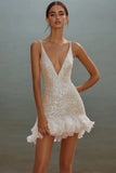 Gorgeous White Bodycon Sequin Design A-line V-neck Spaghetti Strap Homecoming Dress HZ1024