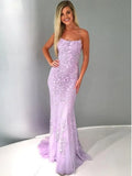 Unique Backless Mermaid Lavender Spaghetti Straps Lace Prom Dress with Appliques, Mermaid Purple Lace Formal Evening Dress HZ1024