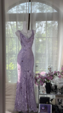 Vintage Light Purple Floral Applique Mermaid Cowl Neck Design Satin Prom Dress Evening Dress HZ1024
