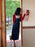 Simple Fashion Red Cardigan & Spaghetti Strap Denim Dress HZ1024