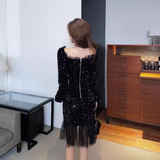 Vintage Elegant Sequins Design A-Line Square Neckline Mermaid Long-sleeved Dress HZ1024