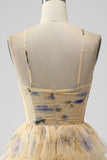 Vintage Yellow Floral Design A-line Spaghetti Strap Tiered Homecoming Dress HZ1024