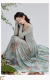 Vintage Fashion Floral Print Design Long-sleeved Cardigan A-line Long Spaghetti Strap Dress HZ1024