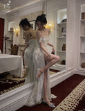 Vintage Shiny Off-the-shoulder Long Prom Dress Sheath High Slit Formal Dress HZ1024