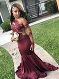 Vintage Burgundy Applique Mermaid Evening Gown Long-sleeved Backless Mermaid Prom Dresses HZ1024