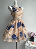 Retro Floral Applique Pearl Belt Design A-line Elegant Homecoming Dress Birthday Dress Party Dress HZ1024