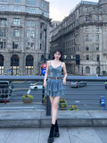 Vintage Ruffled Hem Design A-line High-waist Sleeveless Spaghetti Strap Denim Dress HZ1024