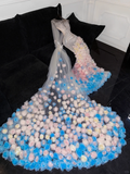 Gorgeous Sparkling Beaded Sequin Mermaid 3D Flowers Design Tulle Evening Dress Prom Dresses HZ1024