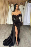 Elegant Long Black Off-the-shoulder Lace Mermaid Long Sleeves Prom Dress With Slit HZ1024