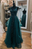 V Neck Open Back Dark Green Lace Beaded Long Prom Dresses, Dark Green Lace Formal Dresses, Dark Green Evening Dresses HZ1024