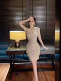 Vintage Champagne Sequin Off-the-shoulder Bodycon Design A-line Homecoming Dress HZ1024