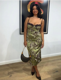 Sexy Vintage Green Floral Print Spaghetti Strap Satin Ankle Length Prom Dress Evening Dress HZ1024