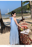 Simple Elegant Blue Design Beach Holiday Halter Dress HZ1024