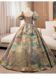 Vintage Court Retro Style Sweet 16 Quinceanera 3D Flowers Short-sleeved Evening Dress Long Ball Gown HZ1024
