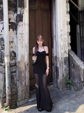 Fashion Sexy Black Lace Cutout Sleeved Backless Halter Dress HZ1024