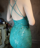 Vintage Blue-green Spaghetti Strap Sparkling Beaded Tassel Design Sheath Short Homecoming Dress HZ1024