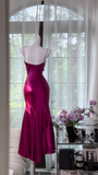 Vintage Fuchsia Sheath Long Prom Dress Pleated Satin Spaghetti Strap Formal Dress HZ1024
