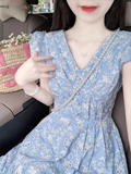 Vintage Light Blue Floral Prom Dress A-Line Short-sleeve Evening Dress Long Summer Dress HZ1024