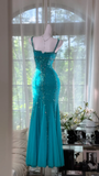 Vintage Blue Mermaid Long Prom Dress Shiny Beaded Chiffon Spaghetti Strap Formal Dress HZ1024
