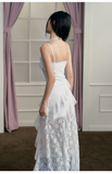 Simple White Irregular Ruffled Hem Design A-line Sleeveless Spaghetti Strap Dress HZ1024