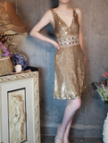 Retro Golden V-neck Sparkling Beaded Sequin Design A-line Short Homecoming Dress HZ1024