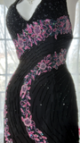 Retro Black V-neck Applique Design Romantic Chiffon Evening Dress Prom Dress HZ1024