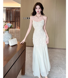 Simple White Three-dimensional Rose Embroidery Design Mermaid Sleeveless Spaghetti Strap Dress HZ1024
