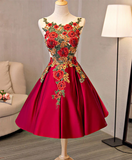 Vintage Red Floral Embroidery Design A-line Lace-up Satin Party Dress Homecoming Dress HZ1024