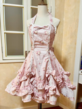 Vintage Pink Floral Halter Dress Design A-Line Elegant Tiered Homecoming Dress Birthday Dress Party Dress HZ1024
