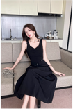 Simple Fashion Black Sleeveless Waist-cinching Design A-line Vest Dress HZ1024