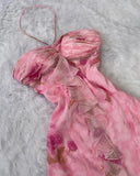 Vintage Pink Floral Prom Dress Sheath Ruffled Evening Dress Halter-neck Formal Dress HZ1024