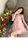 Stylish Pink Patchwork Ruffled Sleeveless Seaside Holiday Halter Dress HZ1024