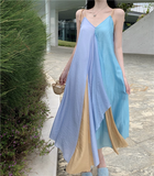 Simple Multi-color Splicing Design A-Line Casual V-neck Spaghetti Strap Dress HZ1024